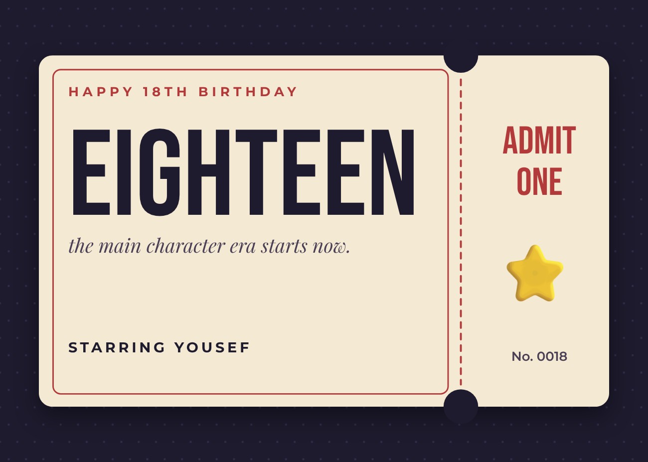 Admit One 18th Ticket Card — editable birthday template