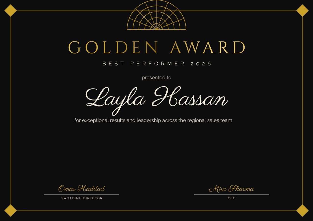 Art Deco Gold Award Certificate — editable certificates template