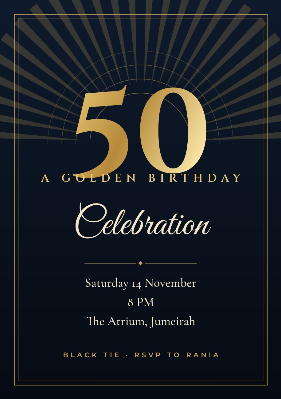 Art Deco Golden 50 Invitation — editable birthday template
