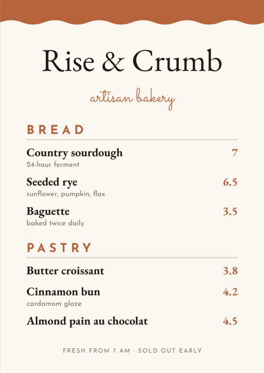 Artisan Bakery Menu — editable menus template
