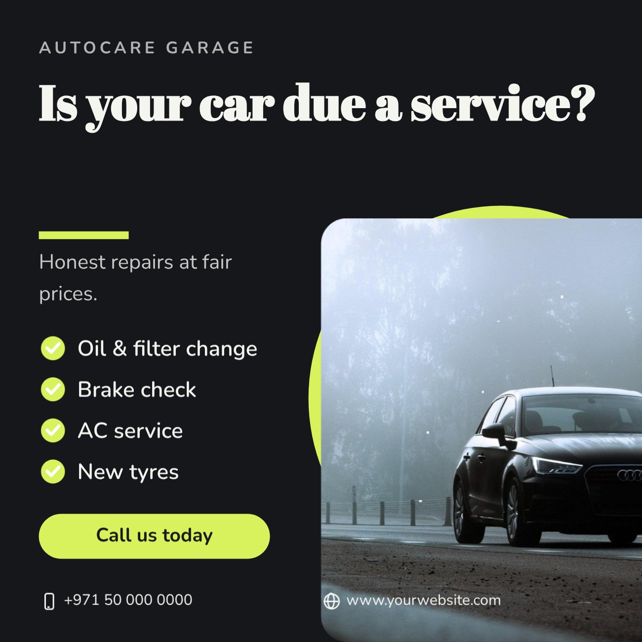 AutoCare Garage Question Post — editable marketing template