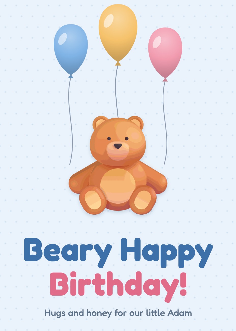 Beary Happy Teddy Balloons Card — editable birthday template