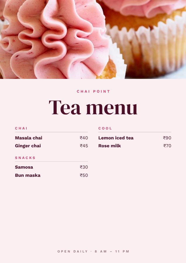 Berry Chai Point Tea menu A4 — editable menus template