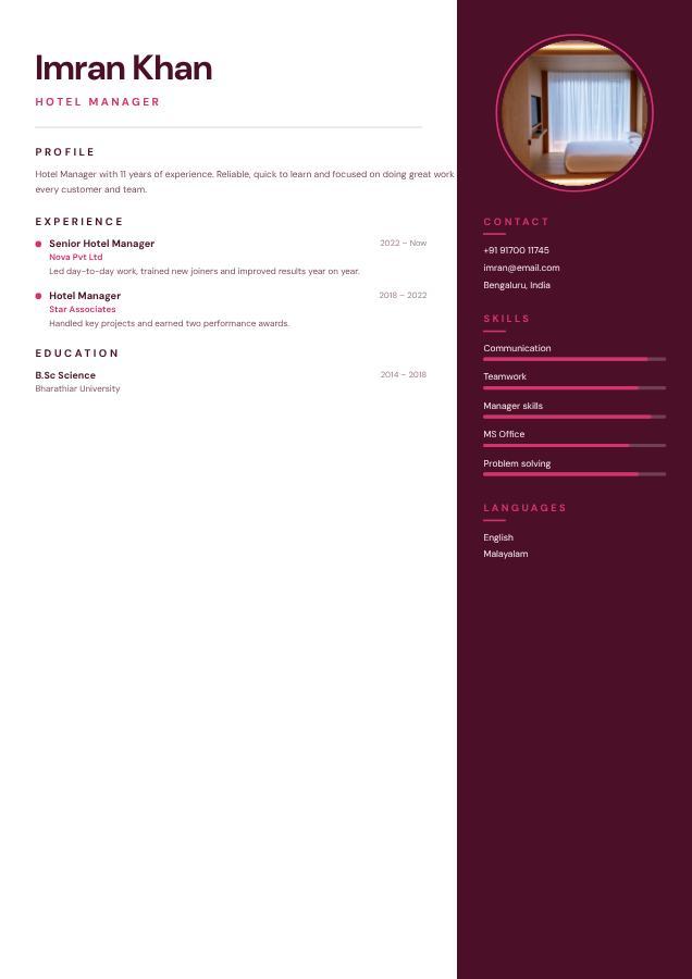 Berry Imran Khan Hotel Manager Resume — editable resume template