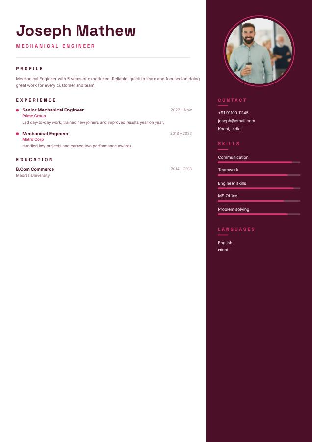 Berry Joseph Mathew Mechanical Engineer Resume — editable resume template