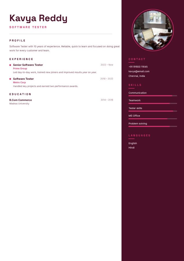 Berry Kavya Reddy Software Tester Resume — editable resume template