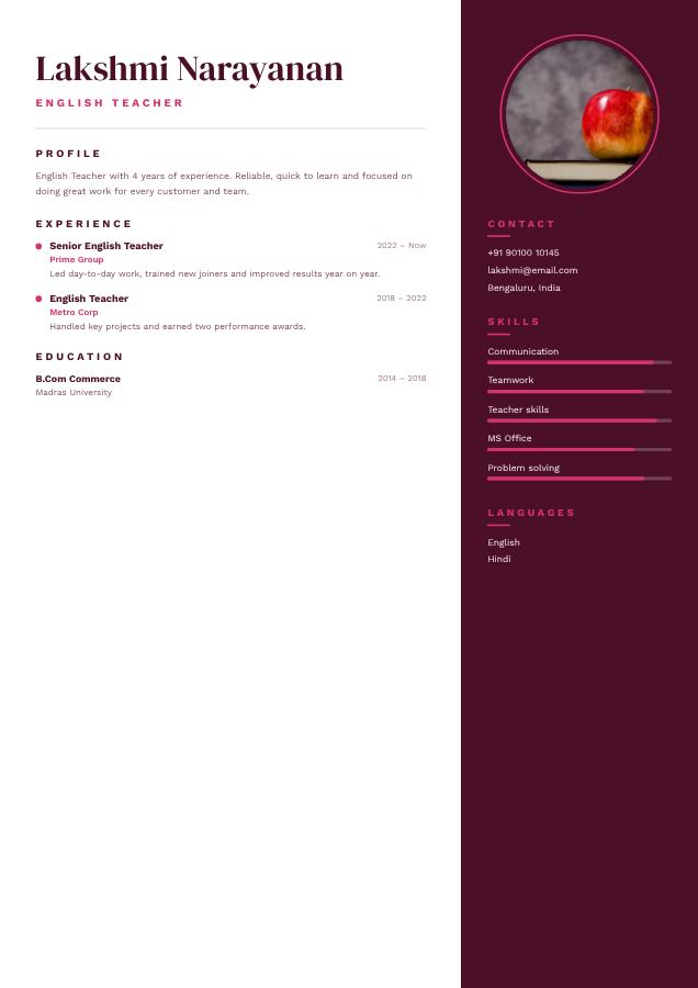 Berry Lakshmi Narayanan English Teacher Resume — editable resume template