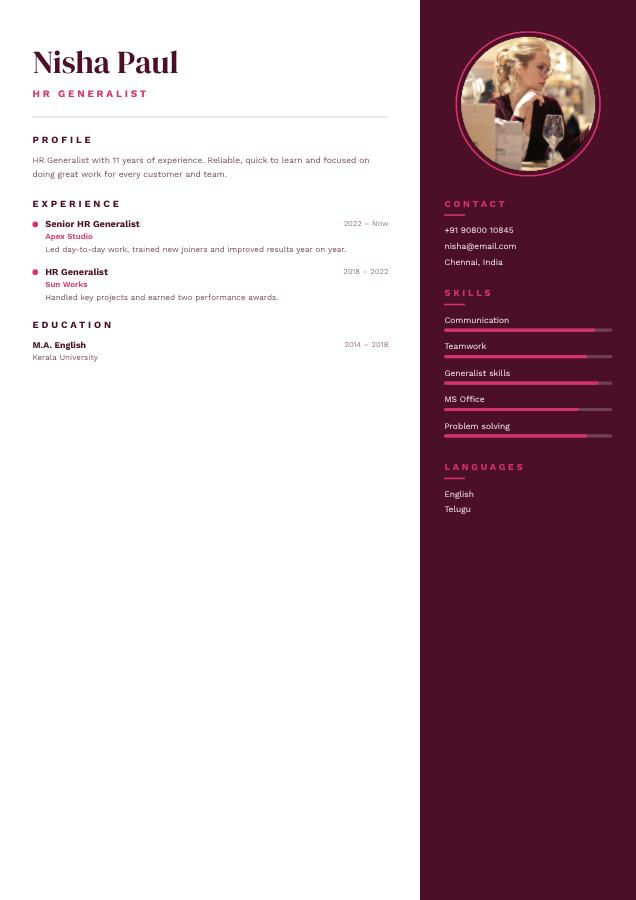 Berry Nisha Paul HR Generalist Resume — editable resume template