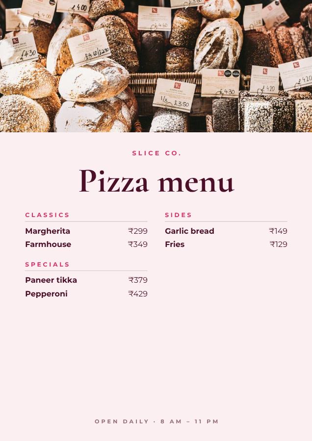 Berry Slice Co. Pizza menu — editable menus template