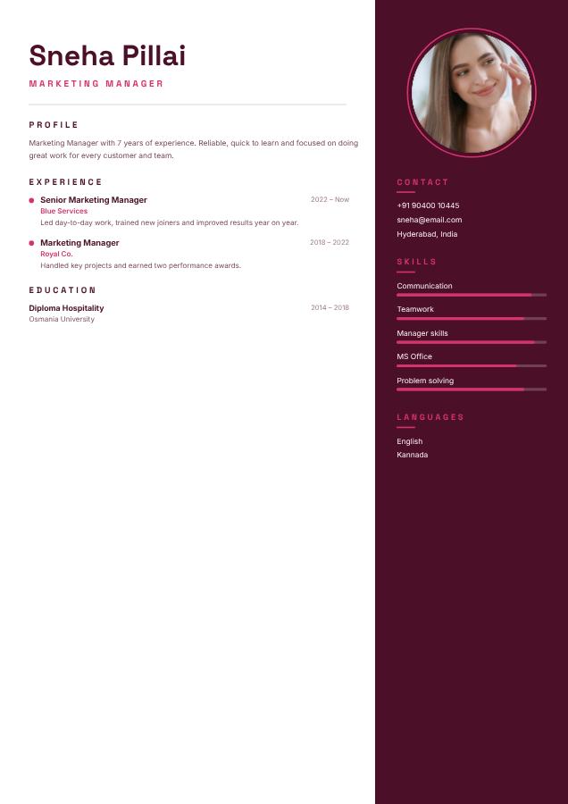 Berry Sneha Pillai Marketing Manager Resume — editable resume template