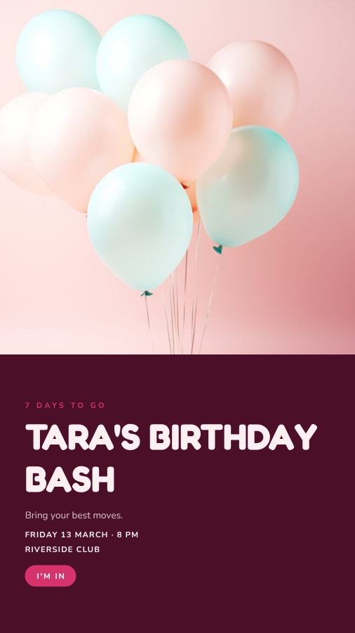 Berry Split Tara Birthday Bash Story — editable birthday template