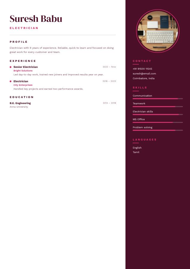 Berry Suresh Babu Electrician Resume — editable resume template