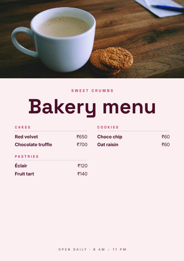 Berry Sweet Crumbs Bakery menu Card — editable menus template