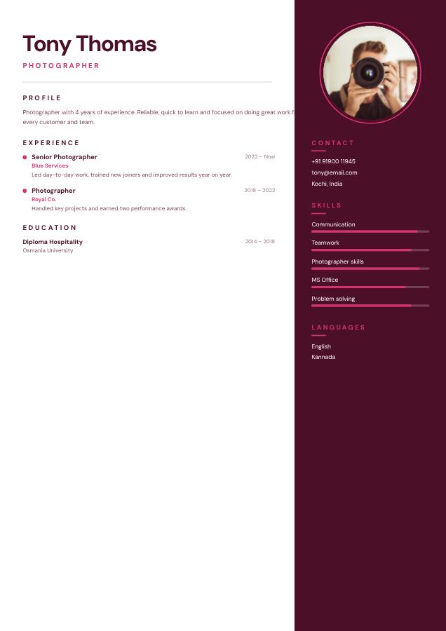 Berry Tony Thomas Photographer Resume — editable resume template