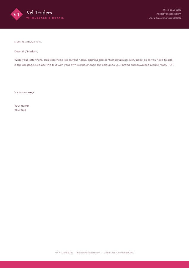 Berry Vel Traders Bold Letterhead — editable business template
