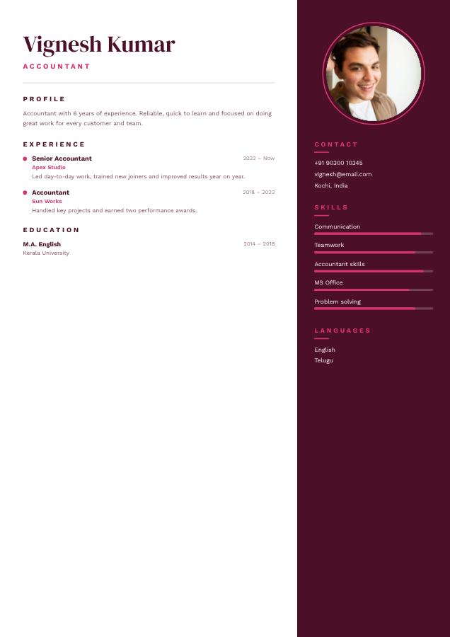 Berry Vignesh Kumar Accountant Resume — editable resume template
