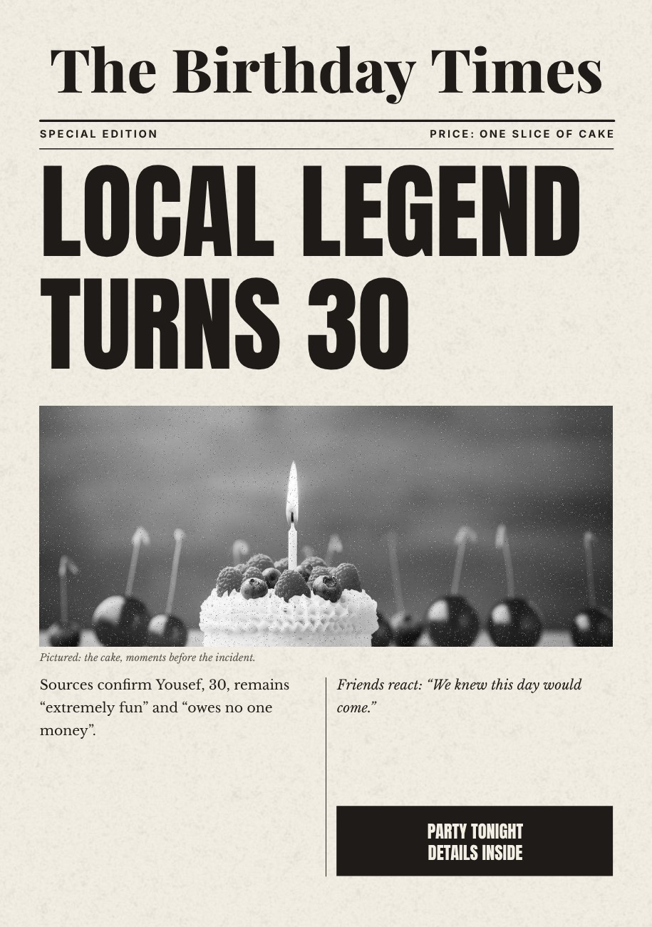 Birthday Times Newspaper Print — editable birthday template
