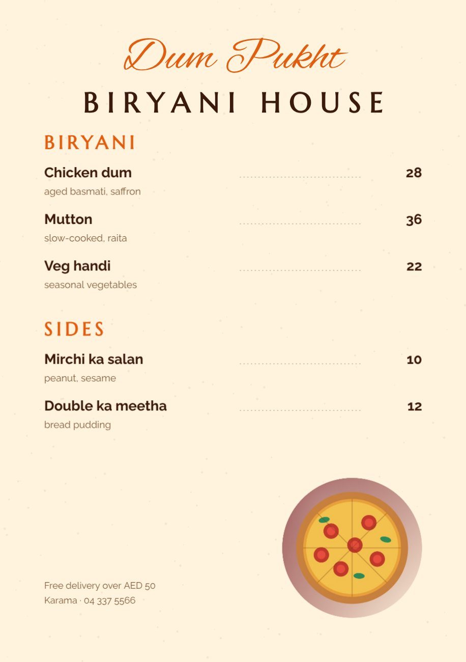 Biryani House Menu A5 Flyer — editable marketing template