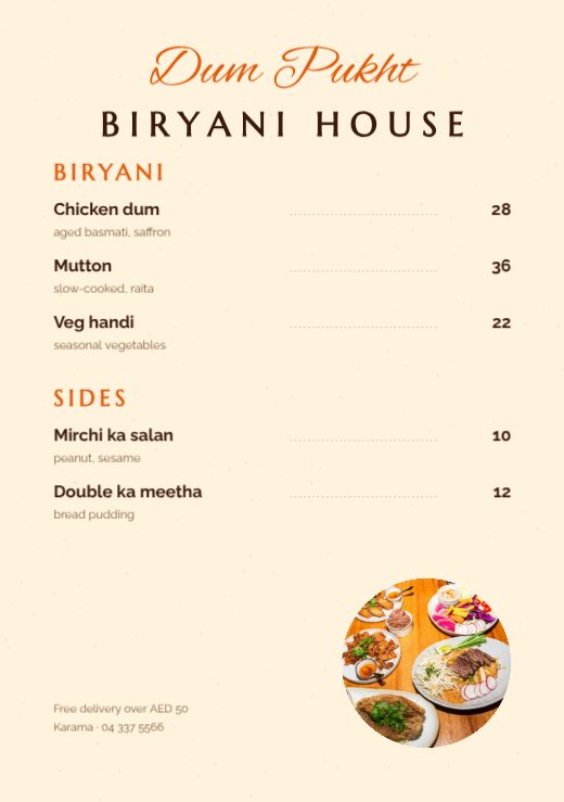 Biryani House Menu A5 Flyer — free menu template