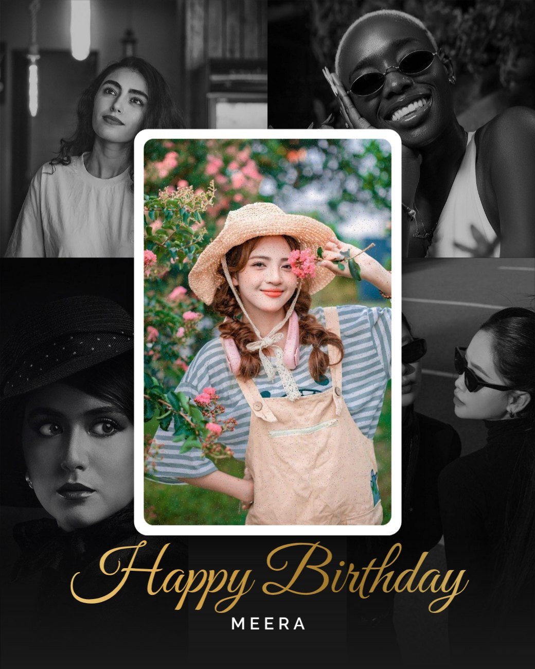 Black And White Collage Colour Portrait Birthday — editable birthday template