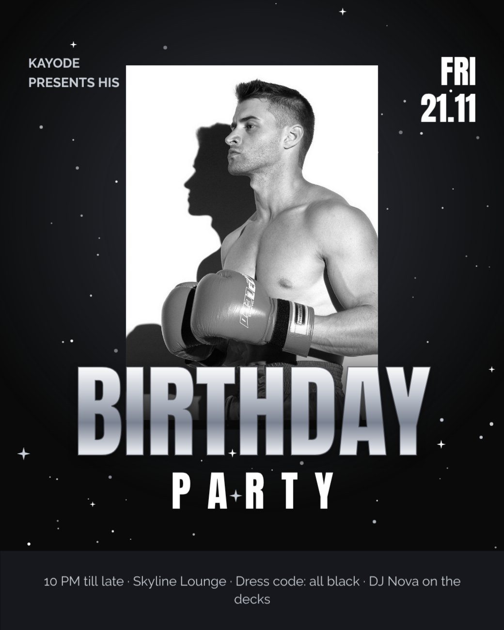 Black Chrome Birthday Party Night Flyer — editable birthday template
