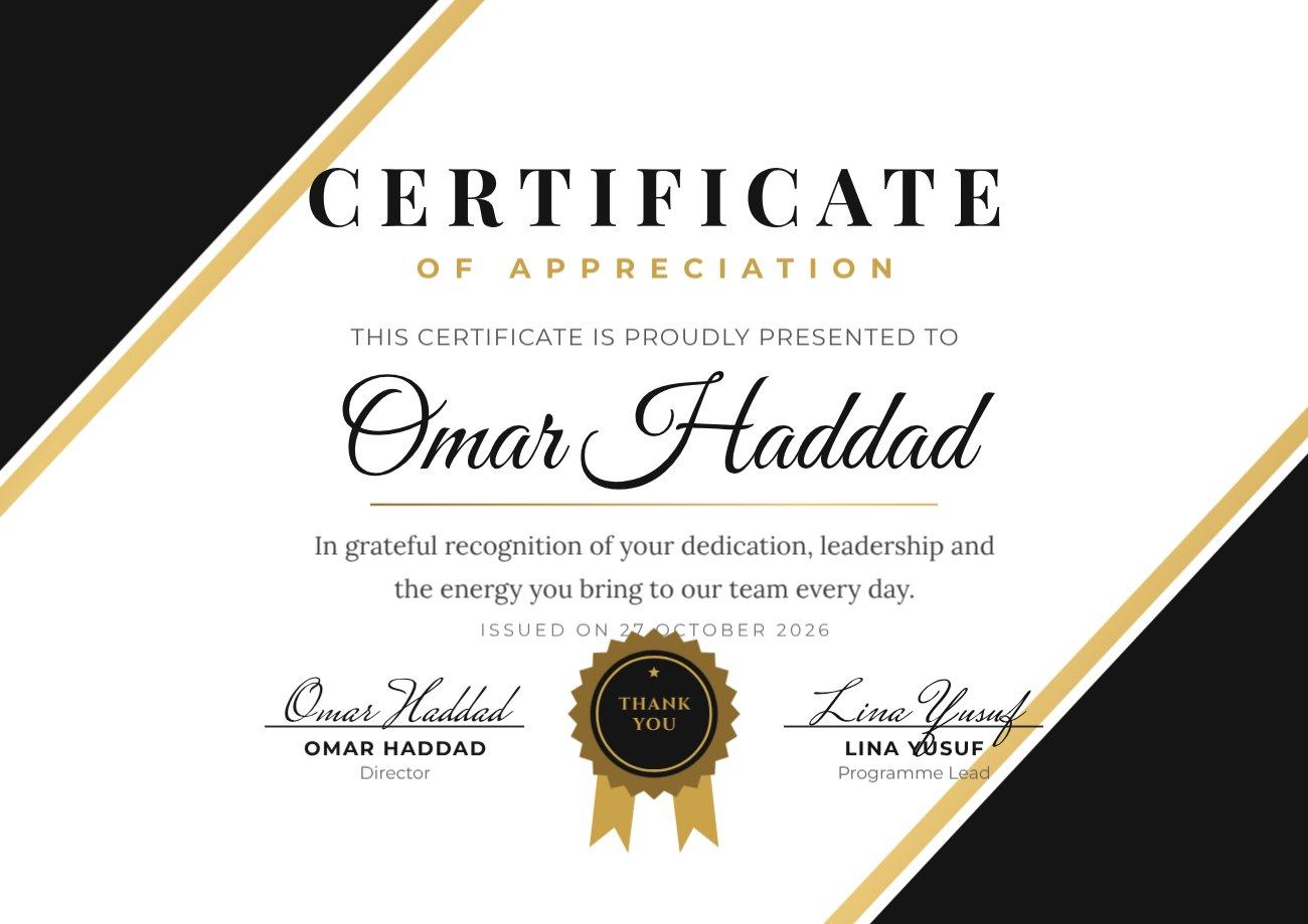 Black Gold Diagonal Certificate of Appreciation — editable certificates template