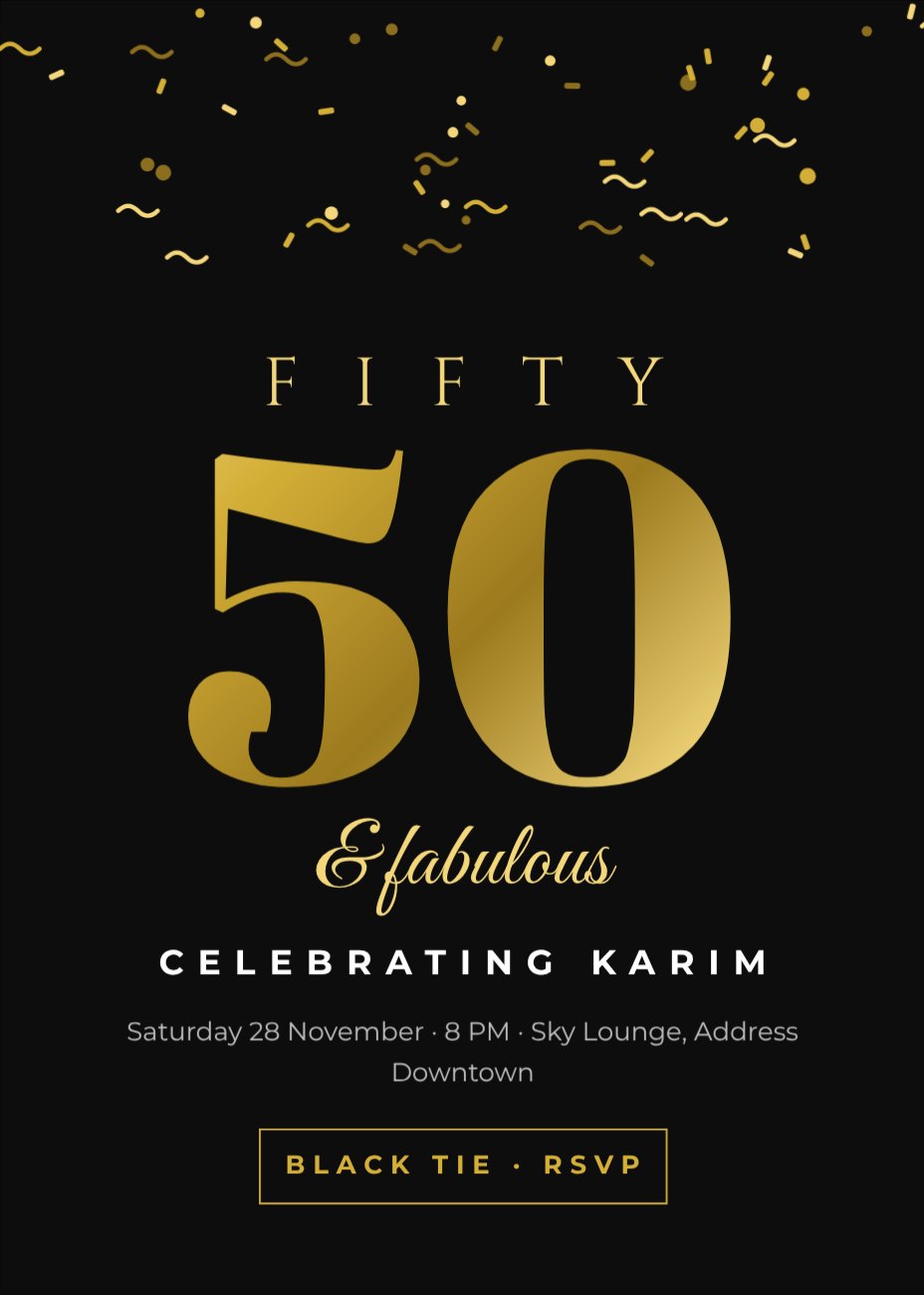 Black Gold Glam 50th Invitation — editable birthday template