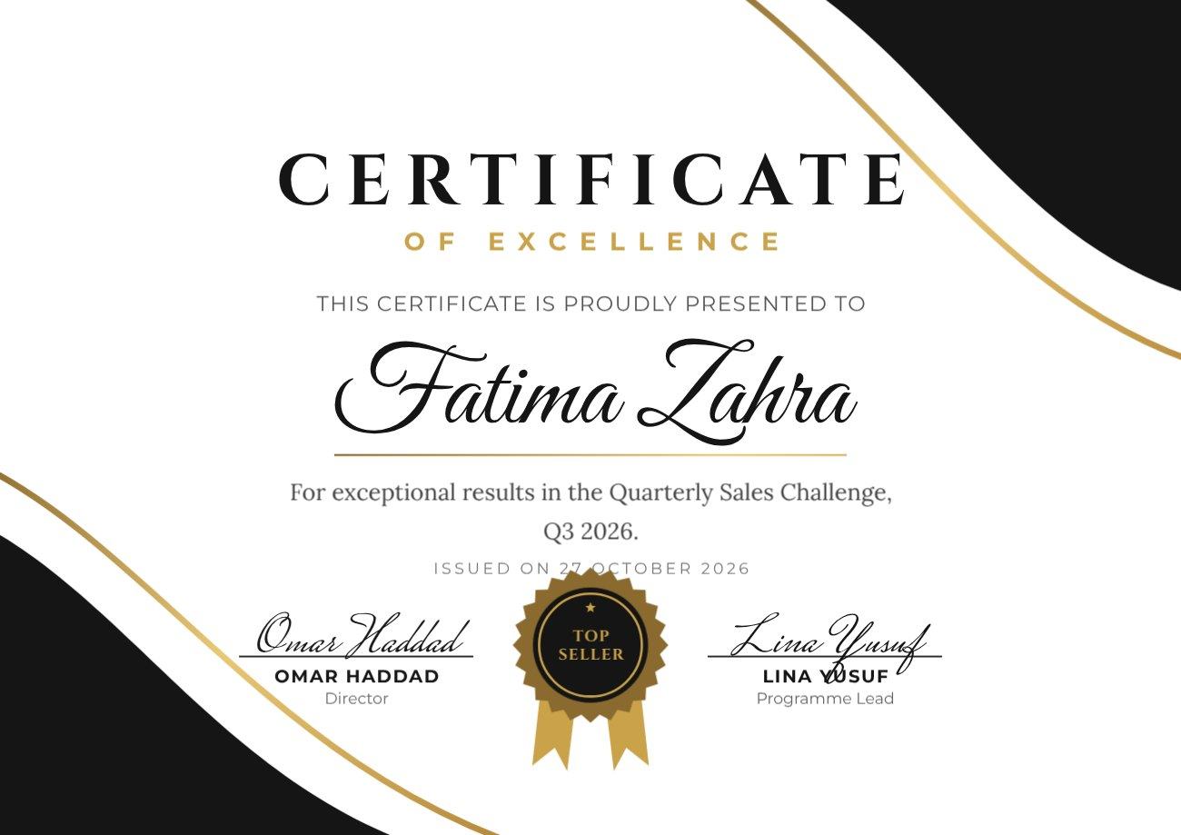 Black Gold Wave Certificate of Excellence — editable certificates template
