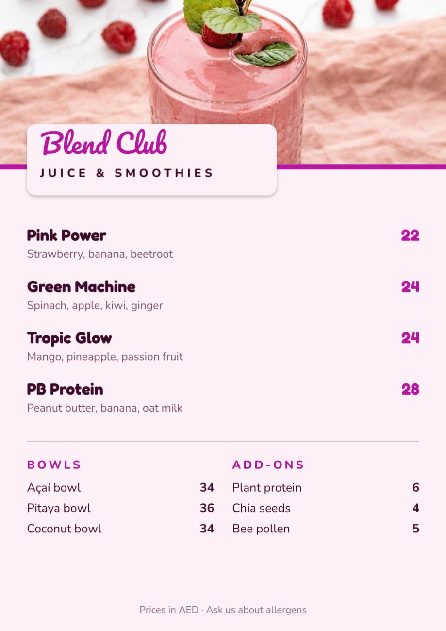 Blend Club Juice & Smoothies Menu — editable menus template