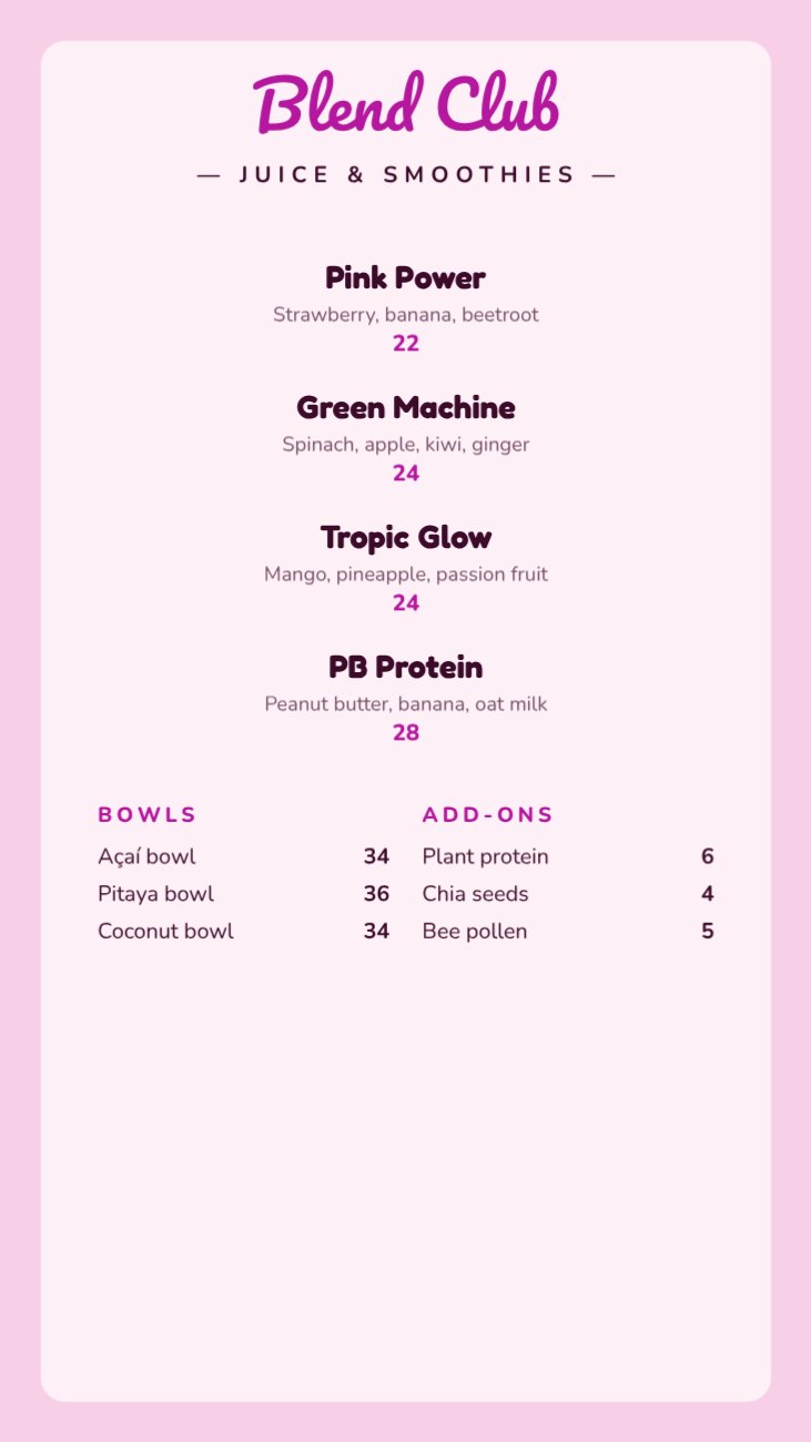 Blend Club Juice & Smoothies Story Menu — editable menus template
