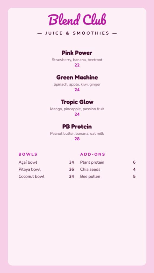 Blend Club Juice & Smoothies Story Menu