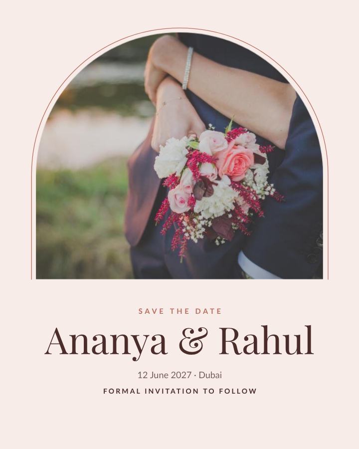 Blush Ananya and Rahul Save the Date — editable wedding template