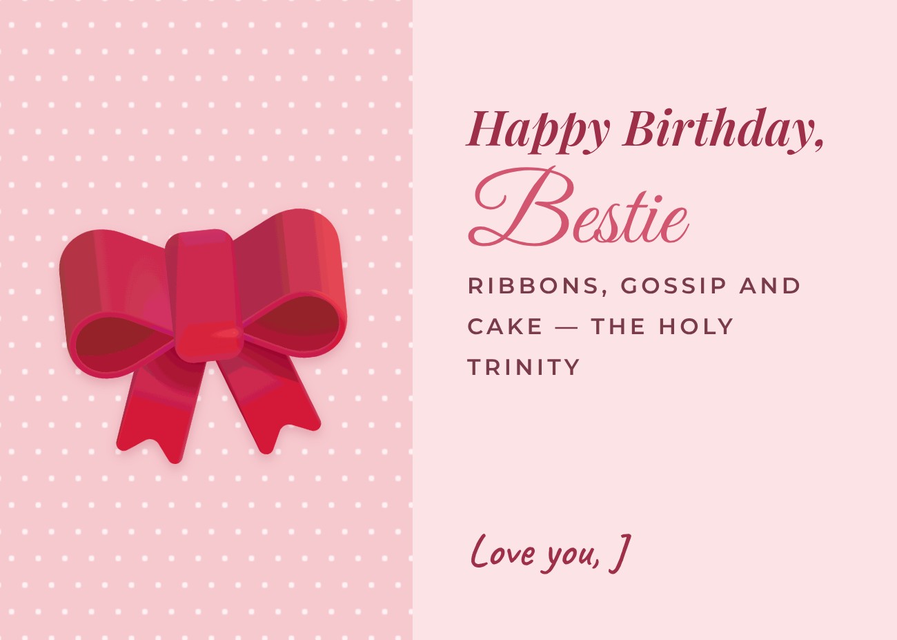 Blush Bow Bestie Card — editable birthday template
