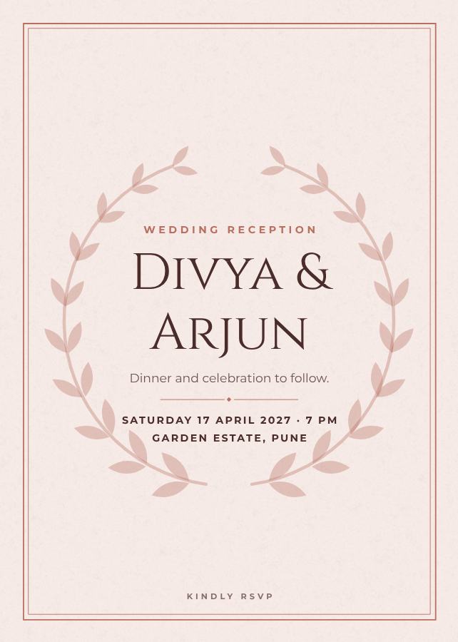 Blush Elegant Divya and Arjun Reception Invite — editable wedding template