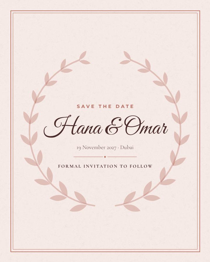 Blush Elegant Hana and Omar Save the Date — editable wedding template