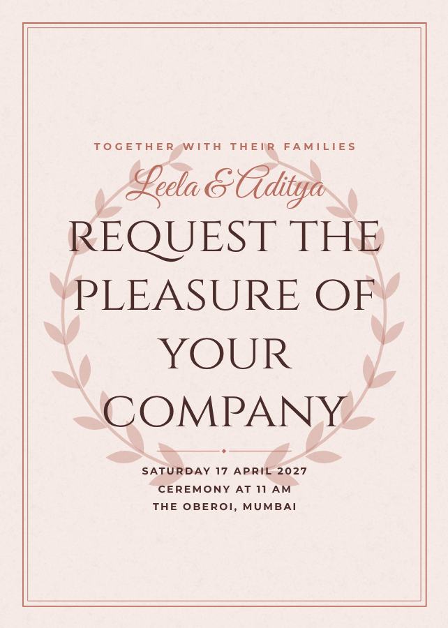 Blush Elegant Leela and Aditya Wedding Invitation — editable wedding template