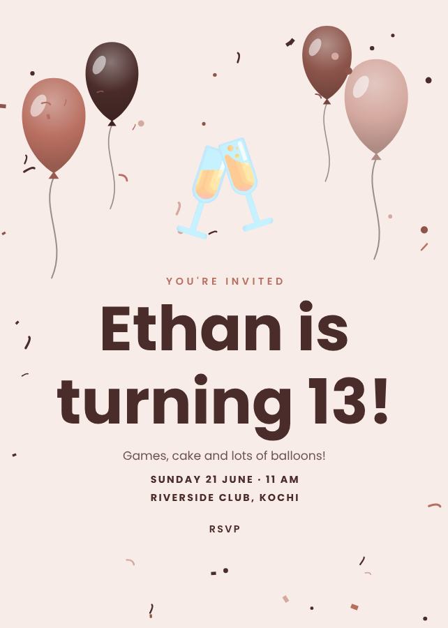 Blush Ethan's Thirteen Birthday Invitation — editable birthday template