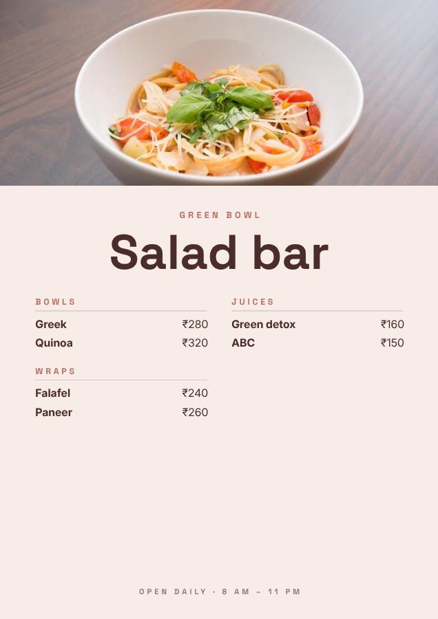 Blush Green Bowl Salad bar A4 — editable menus template
