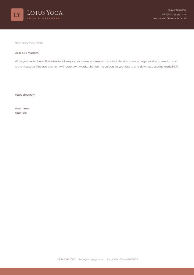 Blush Lotus Yoga Bold Letterhead — editable business template
