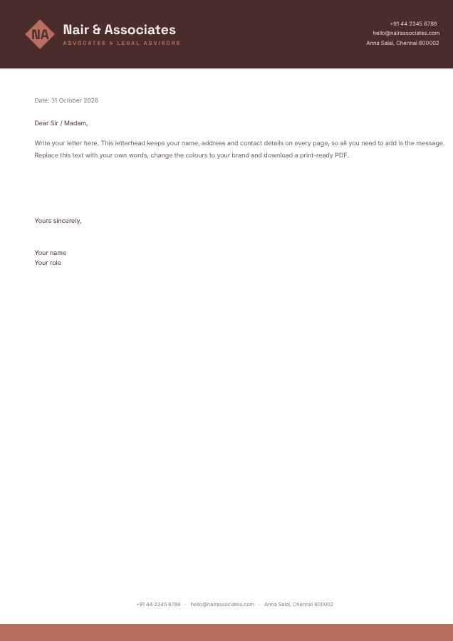 Blush Nair & Associates Bold Letterhead — editable business template