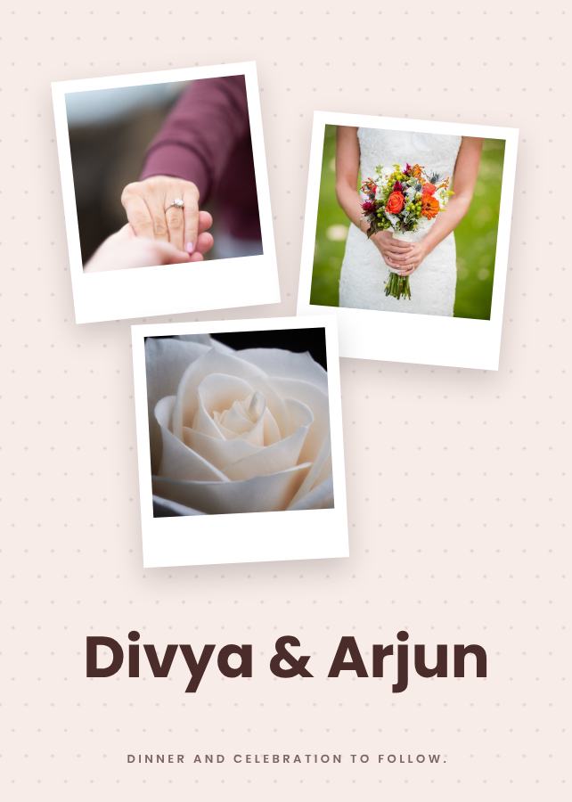 Blush Polaroid Divya and Arjun Reception Invite — editable wedding template