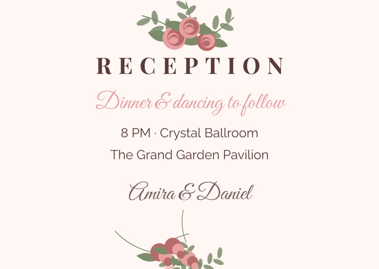 Blush Rose Reception Card — editable wedding template