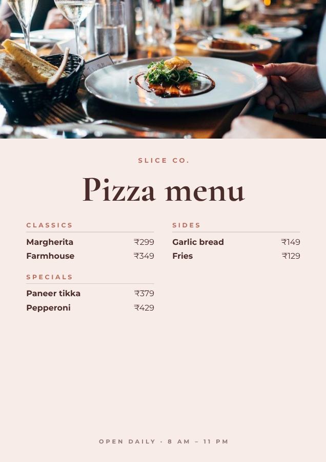 Blush Slice Co. Pizza menu Card — editable menus template
