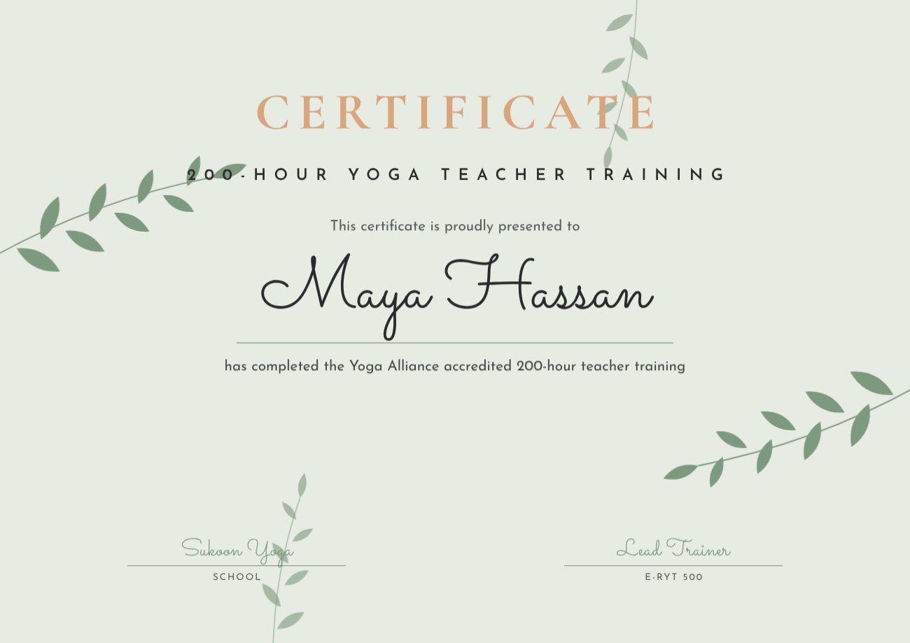 Botanical Yoga Teacher Certificate — editable certificates template