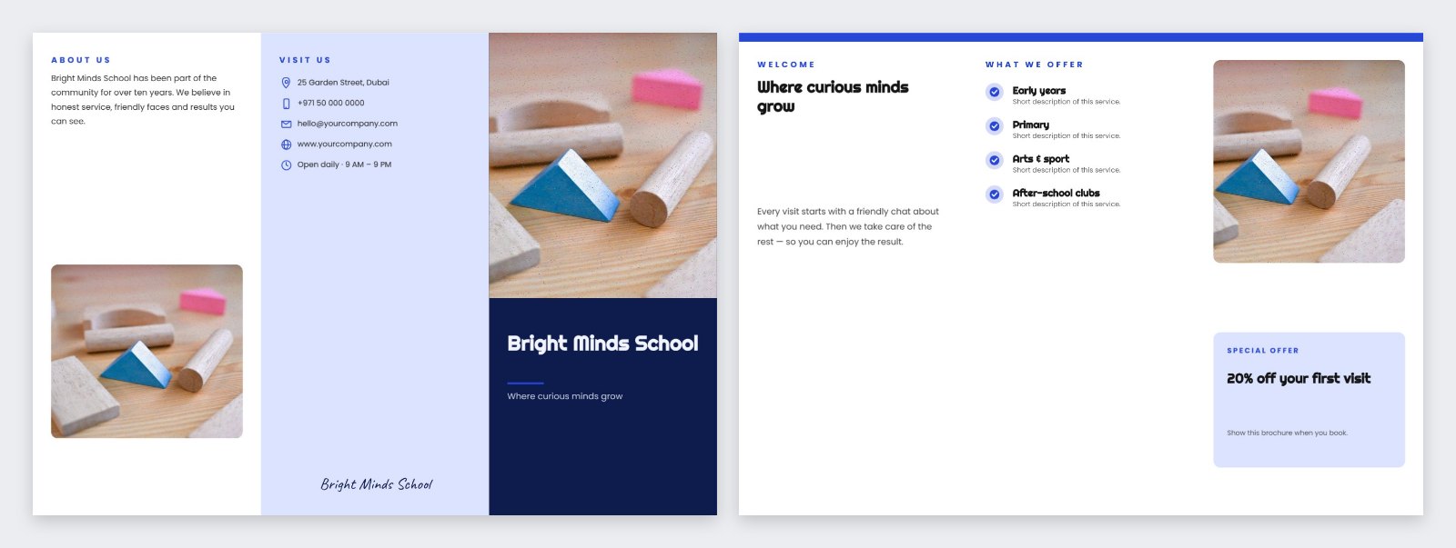 Bright Minds School Tri-fold Brochure — editable business template