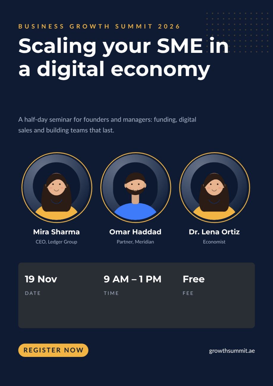 Business Seminar Speakers Flyer — editable marketing template