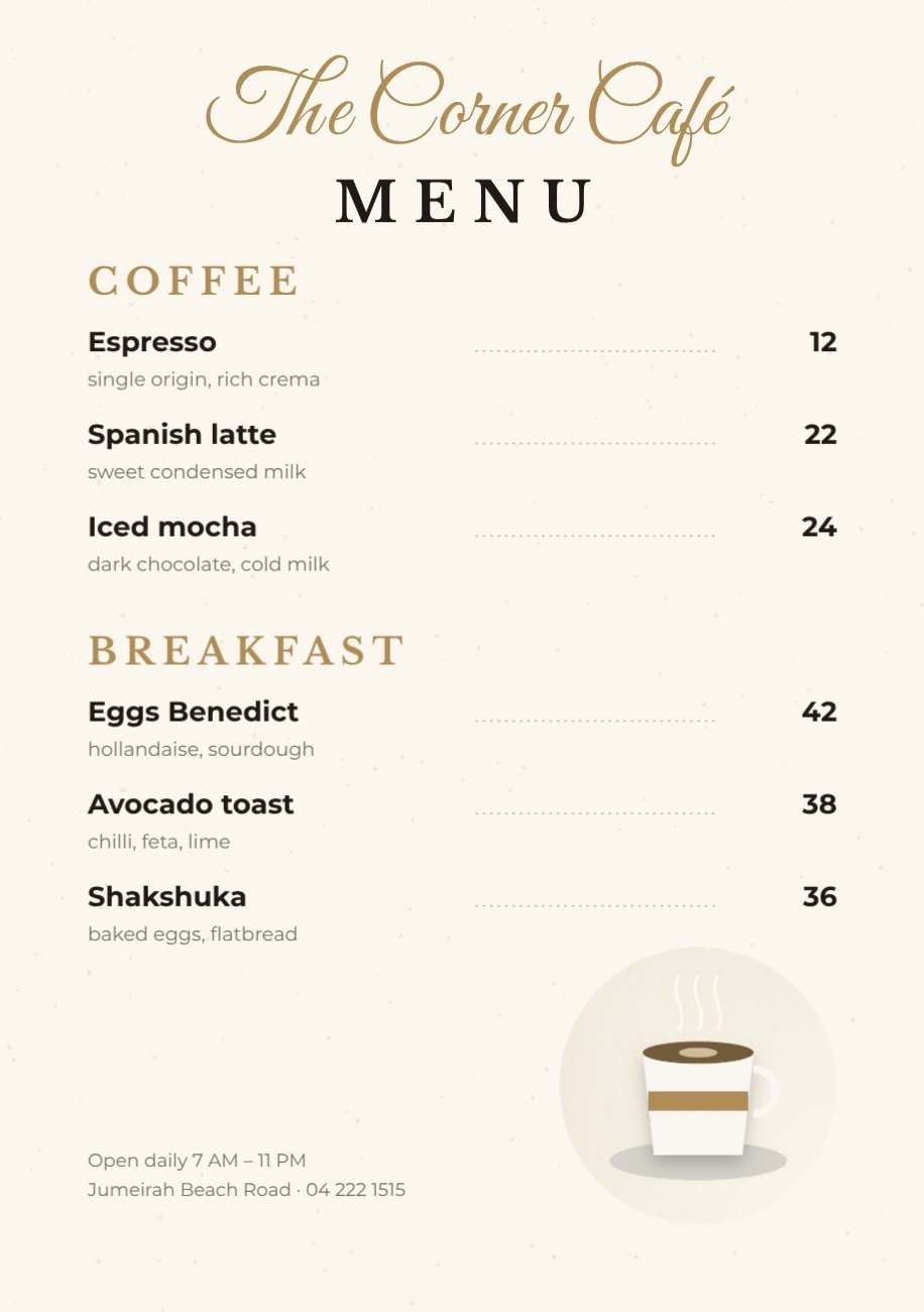 Cafe Menu A5 Flyer — editable marketing template