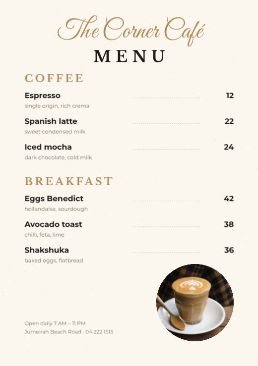 Cafe Menu A5 Flyer — free menu template