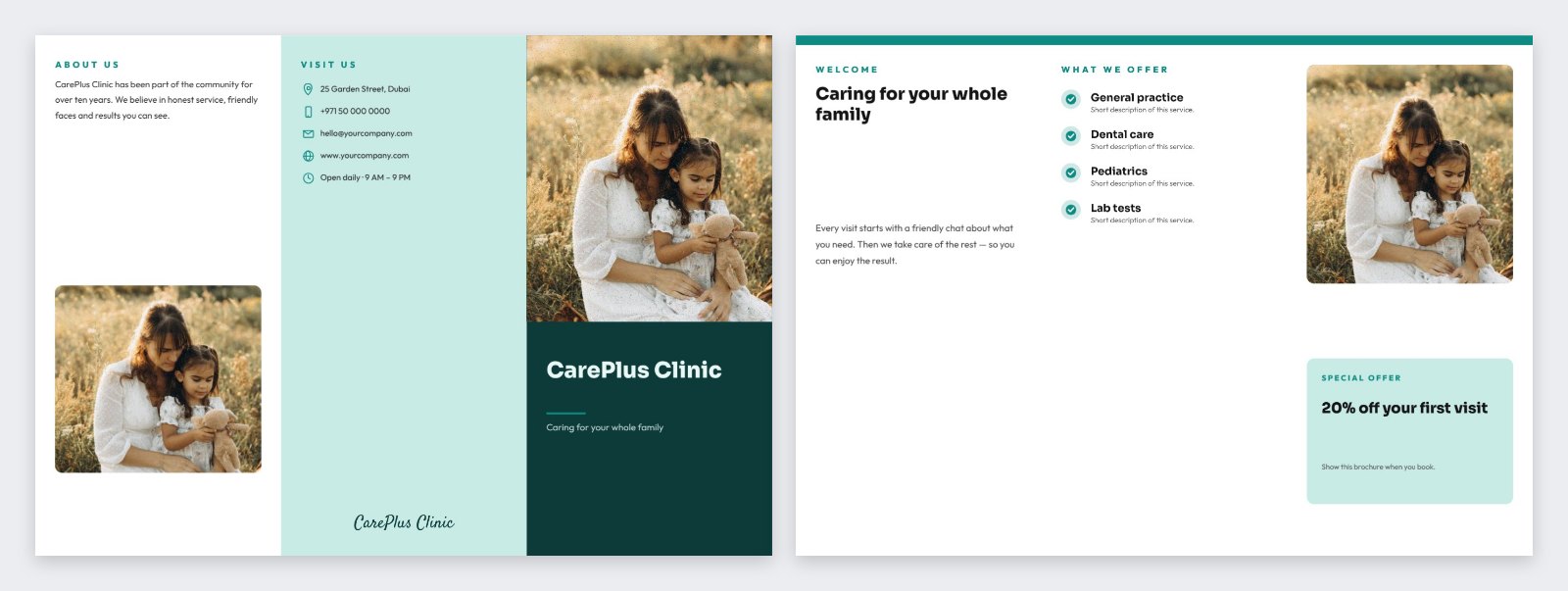 CarePlus Clinic Tri-fold Brochure — editable business template