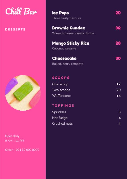Chill Bar Desserts Menu template
